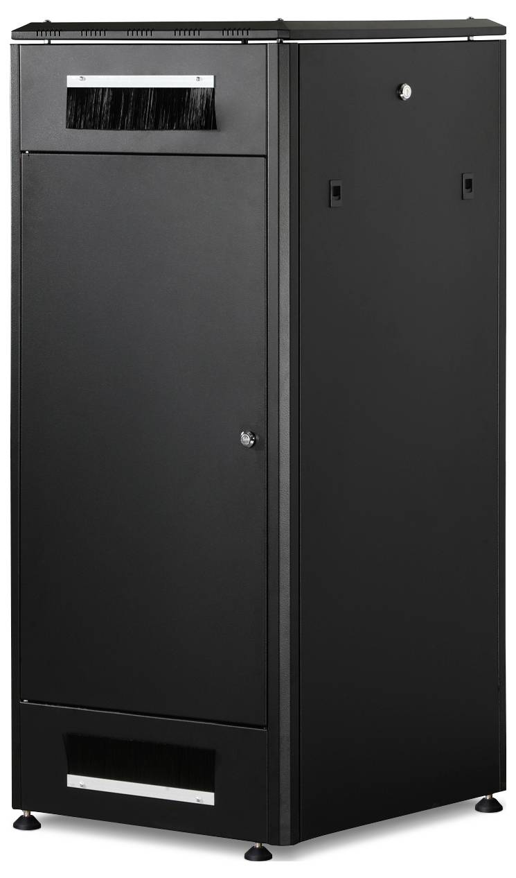 Wysoki, wąski czarny szafa z otworami wentylacyjnymi i małym zamkiem z przodu.