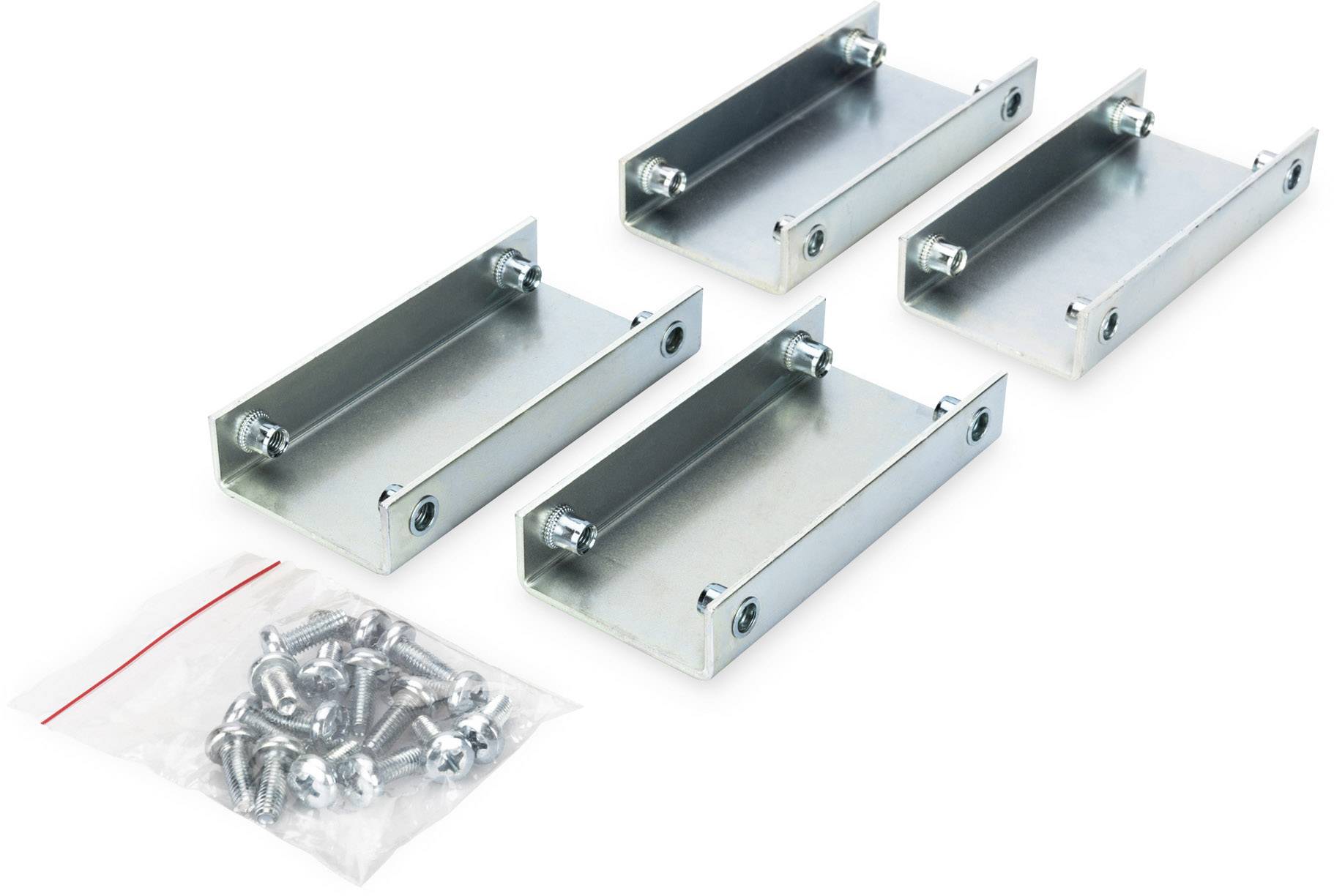 Cztery metalowe kątowniki w kształcie litery U z śrubami do mocowania, obok woreczka z dodatkowymi śrubami i nakrętkami. Odpowiednie do podpór regałowych.