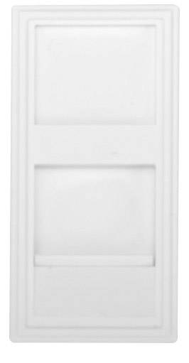 Prostokątny, biały element z tworzywa sztucznego z dwoma mniejszymi prostokątnymi wgłębieniami ułożonymi jeden nad drugim.