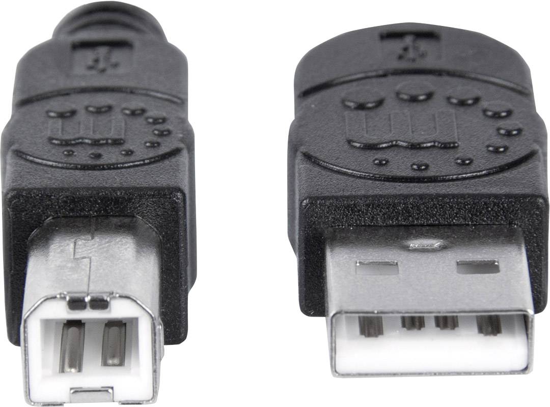 Dwa wtyczki USB, po lewej typowy prostokątny wtyk USB-A, po prawej kwadratowy wtyk USB-B, oba w kolorze czarnym.