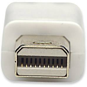 Zbliżenie wtyczki Mini DisplayPort z widocznymi stykami. Wtyczka ma kształt prostokątny z lekko ściętymi krawędziami.