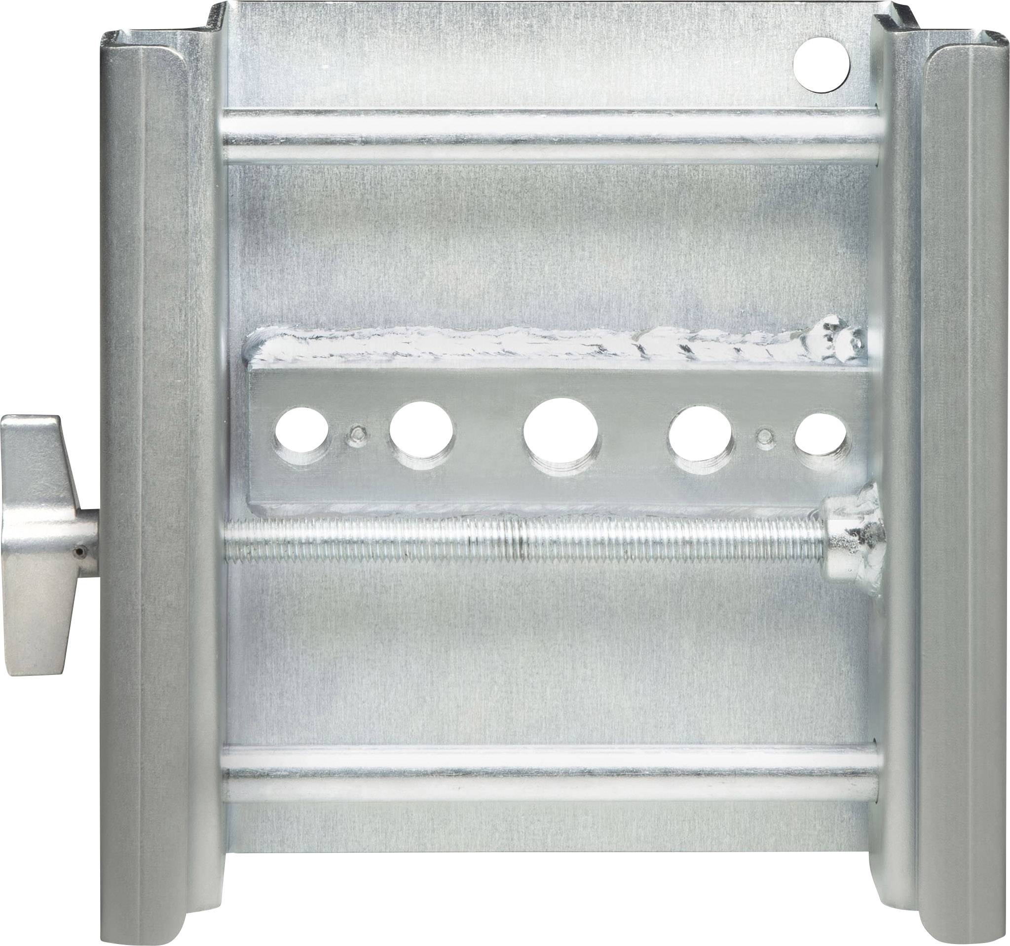 Metalowy kątownik montażowy z wieloma otworami mocującymi i śrubą, odpowiedni do stabilnego mocowania na ścianach lub sufitach.