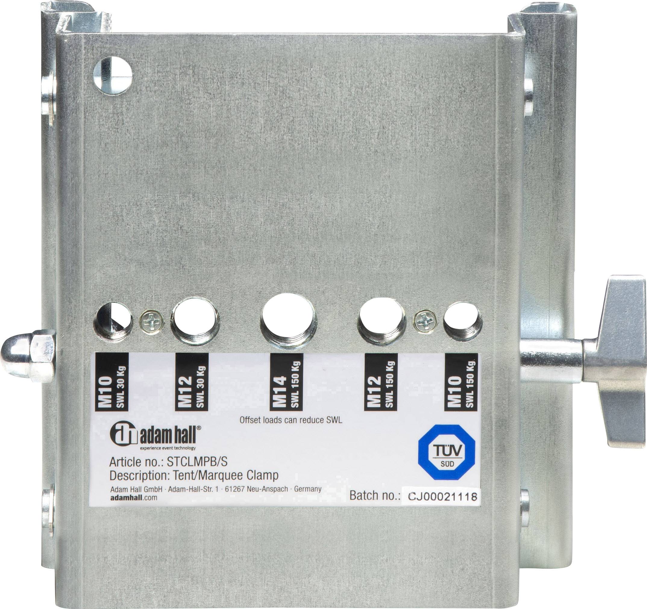 Metalowa klamra z kołem regulacyjnym, widoczne numery modelu i artykułu. Napis: 'Obciążenia mimośrodowe mogą zmniejszyć WLL'.