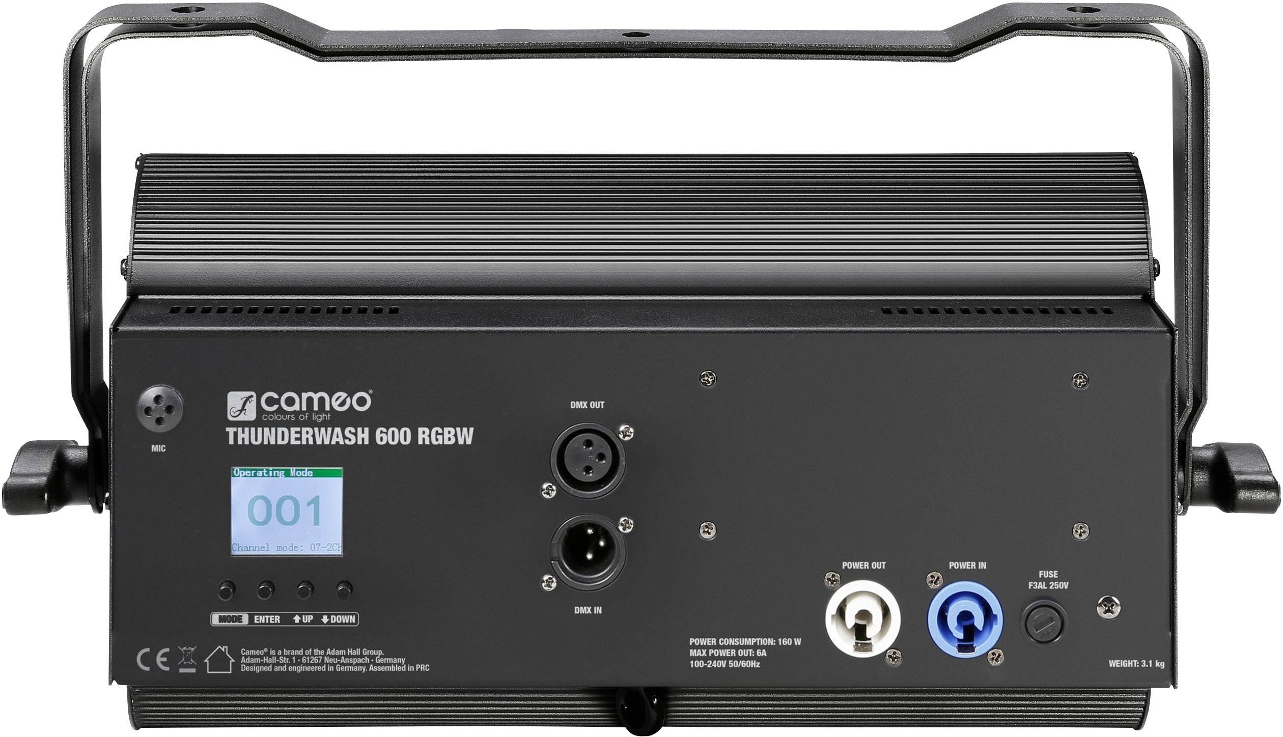 Tylna strona urządzenia oświetleniowego Cameo Thunderwash 600 RGBW z różnymi opcjami podłączenia i wyświetlaczem cyfrowym.
