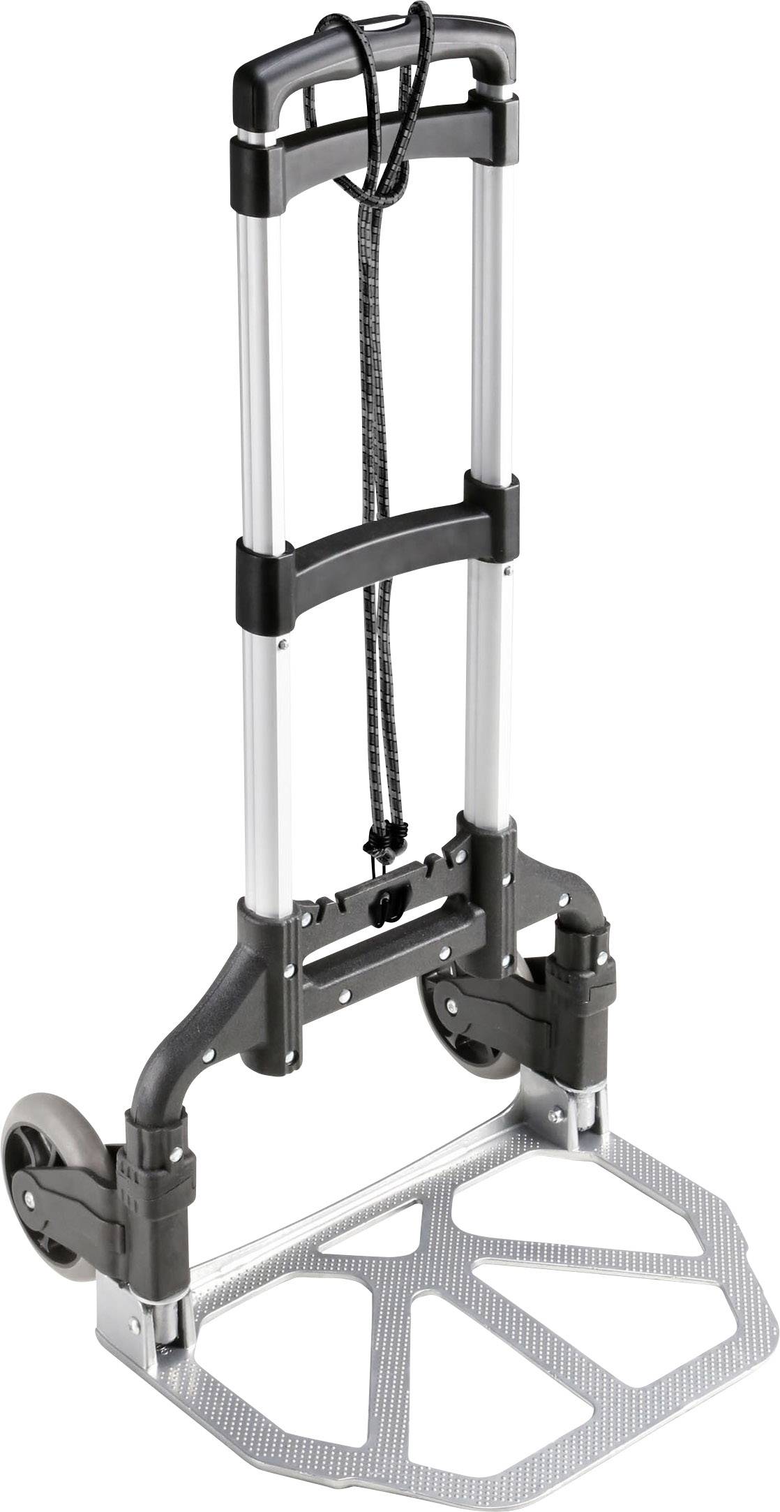 Składany wózek transportowy na dwóch kołach z regulowanym uchwytem, idealny do przewożenia ciężkich przedmiotów w domu lub biurze.