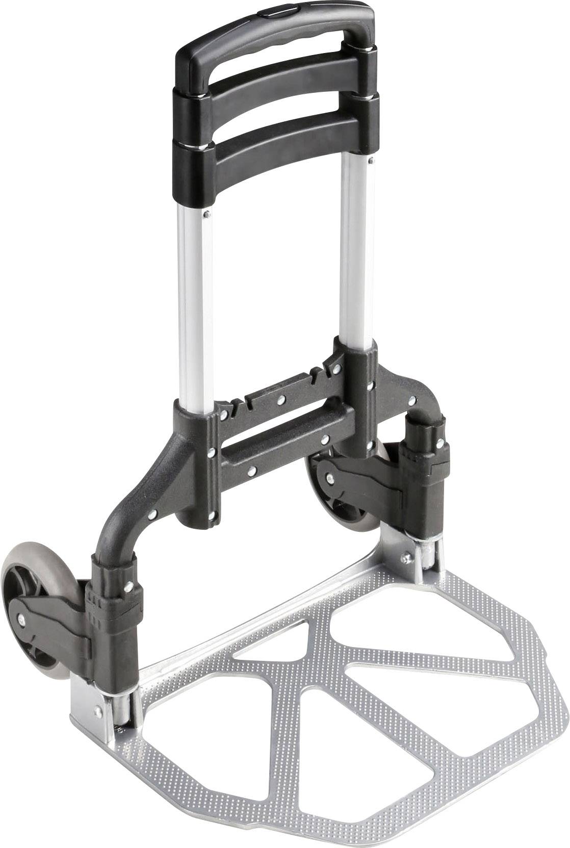 Wózek ręczny z wysuwaną rączką i solidną platformą. Dostępny w kolorach czarnym i srebrnym, idealny do transportu ciężkich przedmiotów.