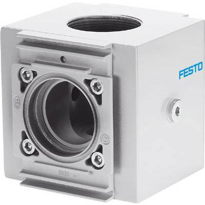Srebrny, sześcienny element mechaniczny z charakterystycznym okrągłym otworem. Logo firmy 'Festo' widoczne jest na boku.