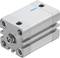 Srebrny cylinder pneumatyczny z wieloma przyłączami i logo firmy. Kompaktowa konstrukcja do precyzyjnych zastosowań przemysłowych.