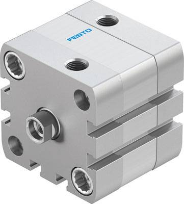 Srebrny cylinder pneumatyczny firmy Festo z wieloma przyłączami i zwartą, prostokątną budową.