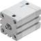 Srebrny cylinder pneumatyczny z okrągłymi przyłączami i niebieskim logo firmy na górnej powierzchni.