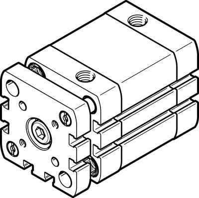 Rysunek techniczny prostokątnego cylindra pneumatycznego z widocznymi miejscami mocowania śrub oraz przyłączami.