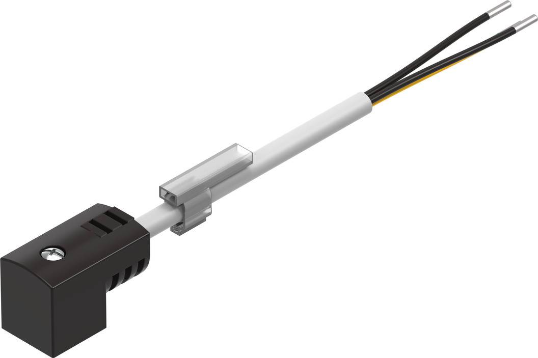 Czarna elektryczna wtyczka z dwoma przewodami kabli, połączona białym cylindrycznym adapterem.