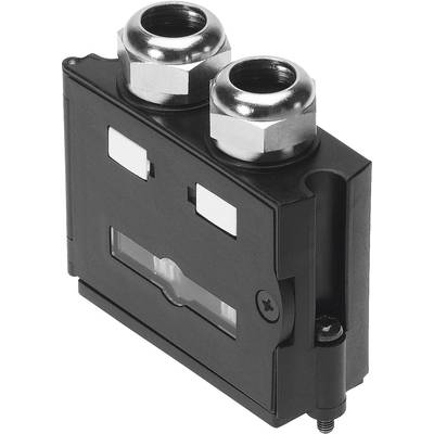 Czarny adapter z dwoma metalowymi gniazdami przyłączeniowymi na górze. Posiada przezroczystą nakładkę wskaźnikową pośrodku i jest przeznaczony do montażu.