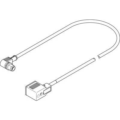 Dwa przewody elektryczne połączone małymi wtyczkami na obu końcach. Jeden kończy się prostokątną wtyczką, drugi zaś okrągłą wtyczką.