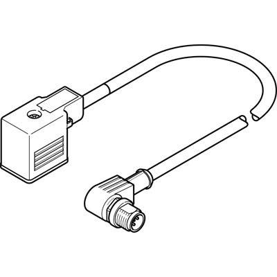 Rysunek elementu elektronicznego: Wtyk z elastycznym przewodem oraz prostokątną obudową z rowkami.
