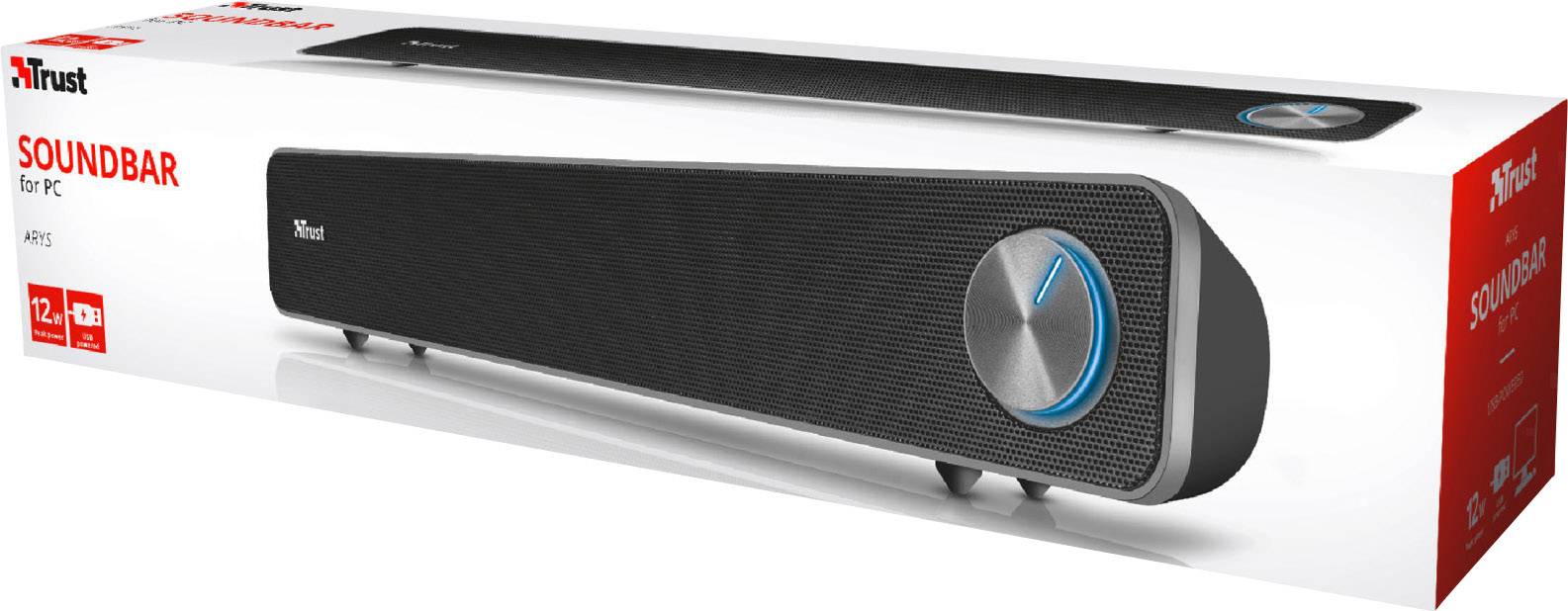 Czarna soundbar głośnikowa Trust do komputera z niebieskim pokrętłem po prawej stronie; opakowanie prezentuje produkt i markę.