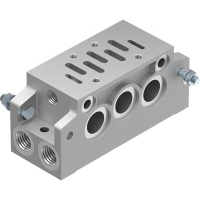Metalowy blok rozdzielczy hydrauliczny z wieloma przyłączami i śrubami, stosowany do sterowania przepływem cieczy w systemach.