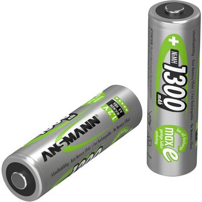 Dwie szare baterie AA z zielonym logo i napisem '1300 mAh', jedna ułożona poziomo, druga pionowo. Marka ANSMANN.