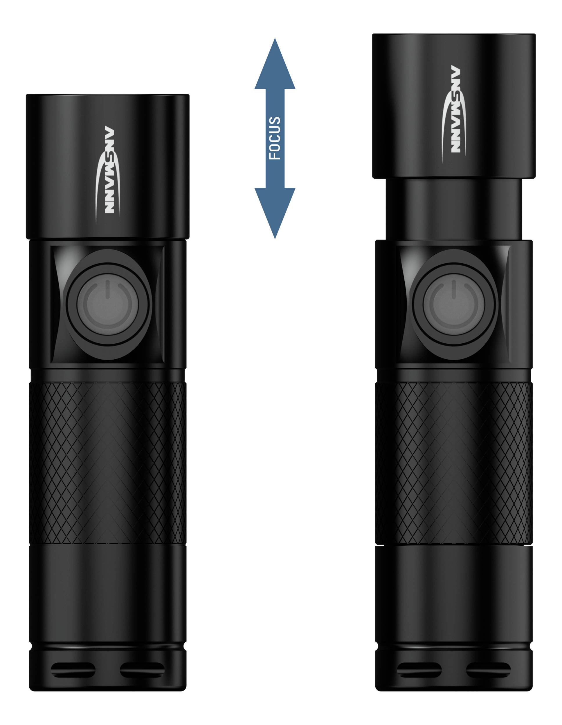 'Fokus': Dwie czarne latarki, jedna o dłuższej obudowie. Obie posiadają przycisk włączania/wyłączania. Strzałka pomiędzy nimi wskazuje regulację ogniskowej.