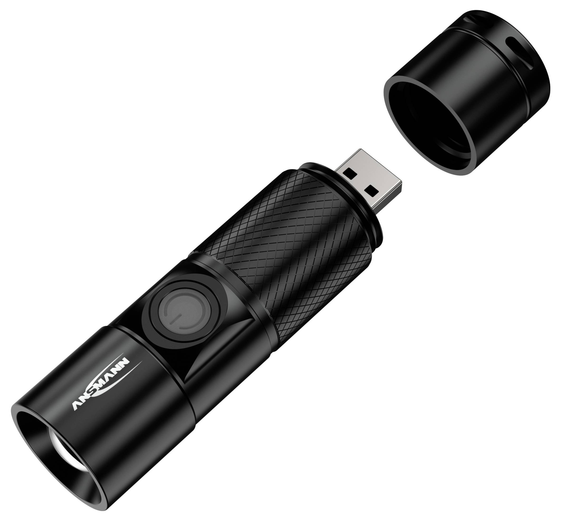 Demontowalna czarna latarka z wbudowanym wtykiem USB, otwarta, prezentująca komorę baterii i funkcję ładowania.