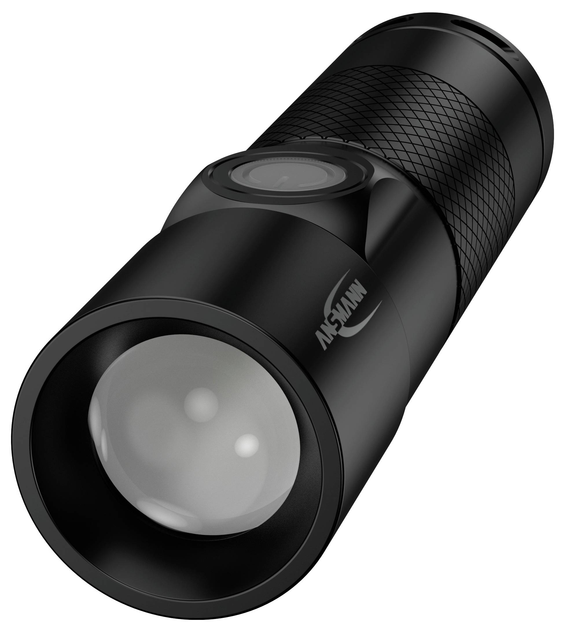 Czarna latarka z teksturowanym uchwytem, dużą soczewką i bocznym przyciskiem, ustawiona pod lekkim kątem.