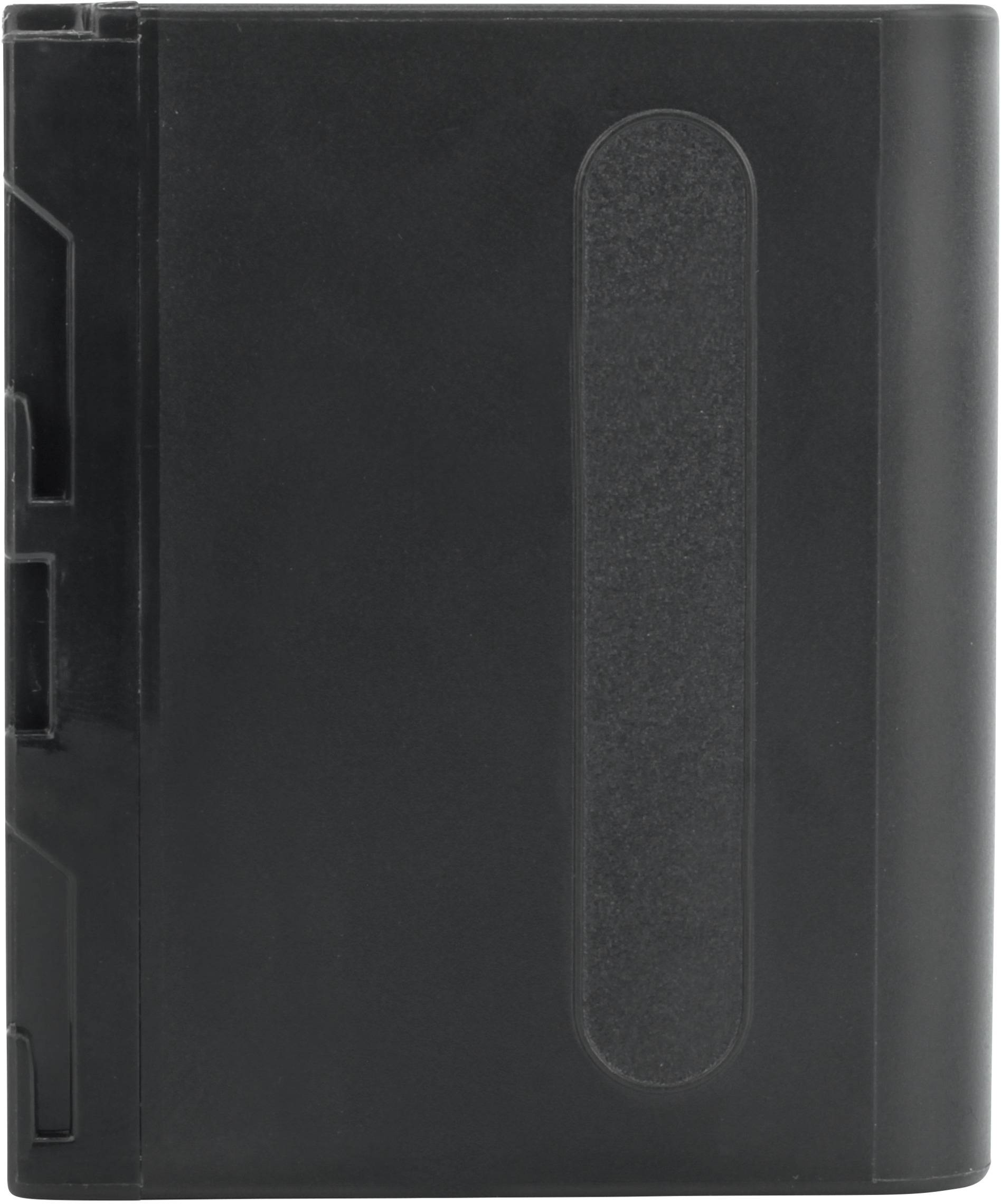 Czarna obudowa dysku twardego, prostokątna, z wąskim pionowym okienkiem na przedniej ściance, bez widocznych nadruków.