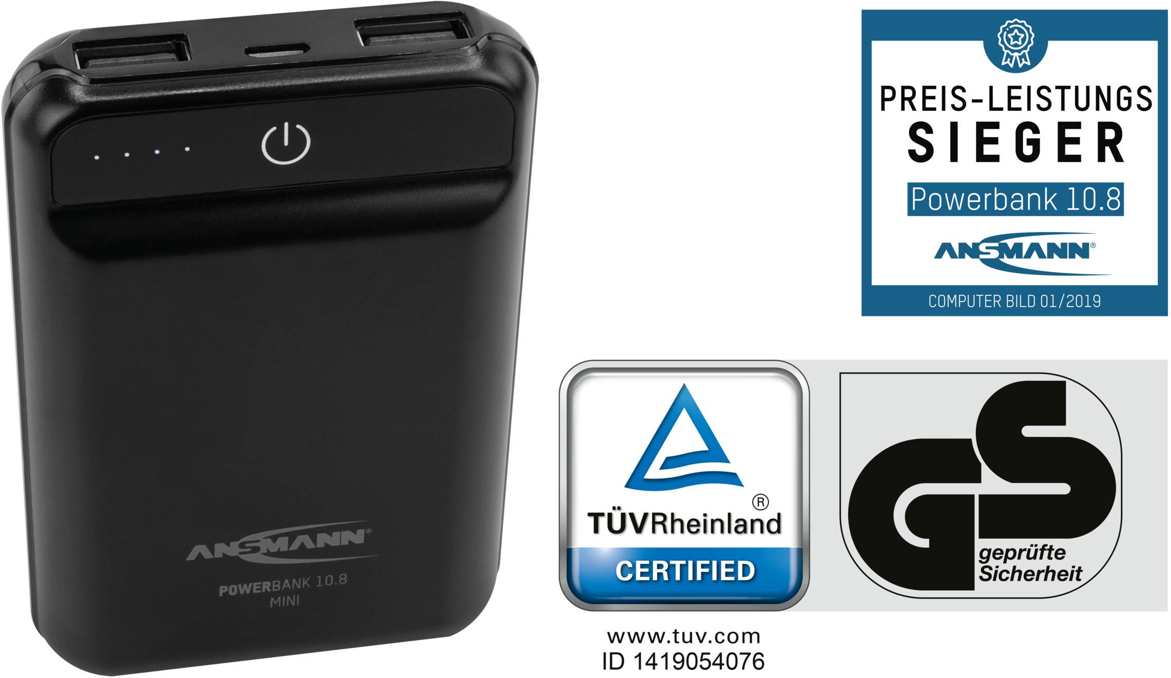 Czarna powerbank Ansmann 10.8 z certyfikatem TÜV Rheinland i znakiem GS. Wyróżniona jako zwycięzca w kategorii cena-jakość przez magazyn Computer Bild w wydaniu 01/2019.
