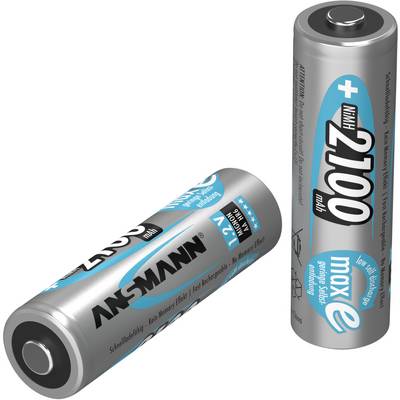 Dwie baterie AA z napisem 'ANSMANN 2700 mAh max e', jedna stojąca, a druga leżąca. Srebrne z niebieskimi i czarnymi elementami.