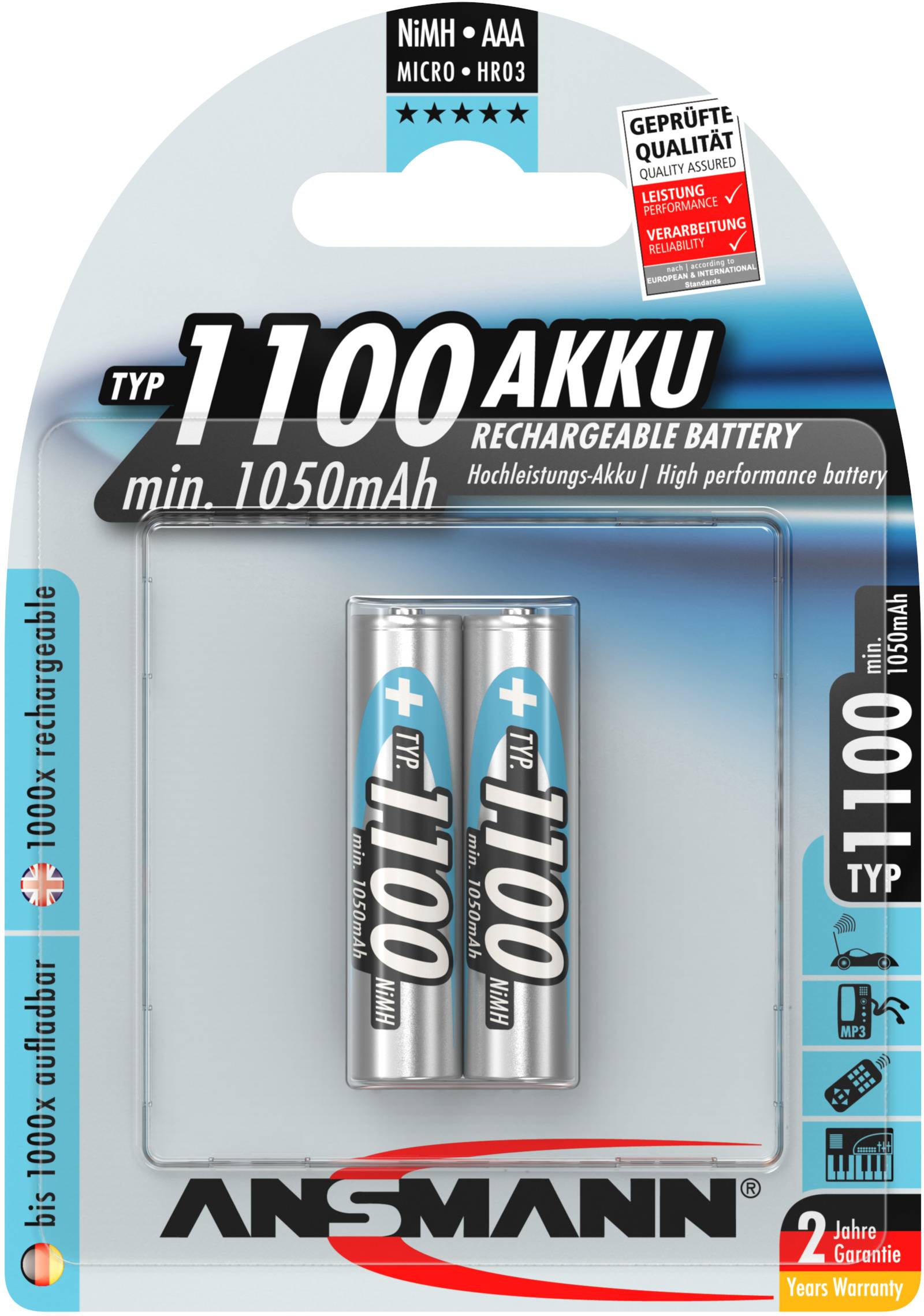 Opakowanie zawiera 2 akumulatory AAA typ 1100, 1050mAh, NiMH, marki Ansmann. Z 2-letnią gwarancją i sprawdzoną jakością.