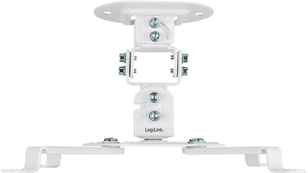 Biały metalowy uchwyt projektora marki LogiLink z niebieskimi śrubami mocującymi, przeznaczony do montażu sufitowego projektorów.