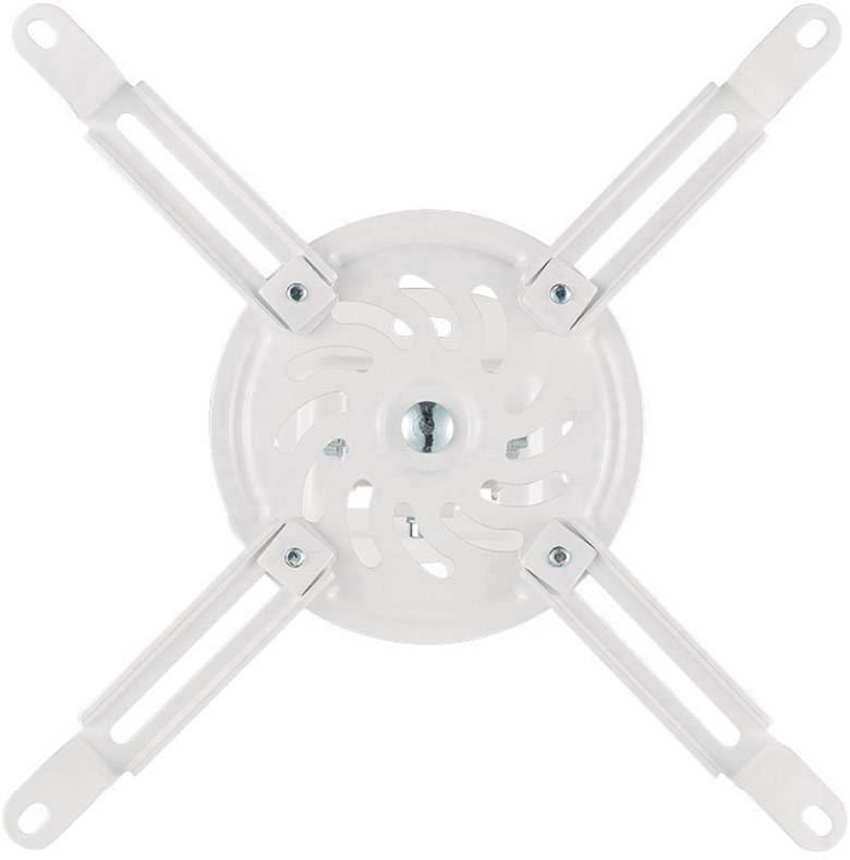 Biały uchwyt projektora z czterema regulowanymi ramionami rozmieszczonymi symetrycznie, umieszczony na białym tle.