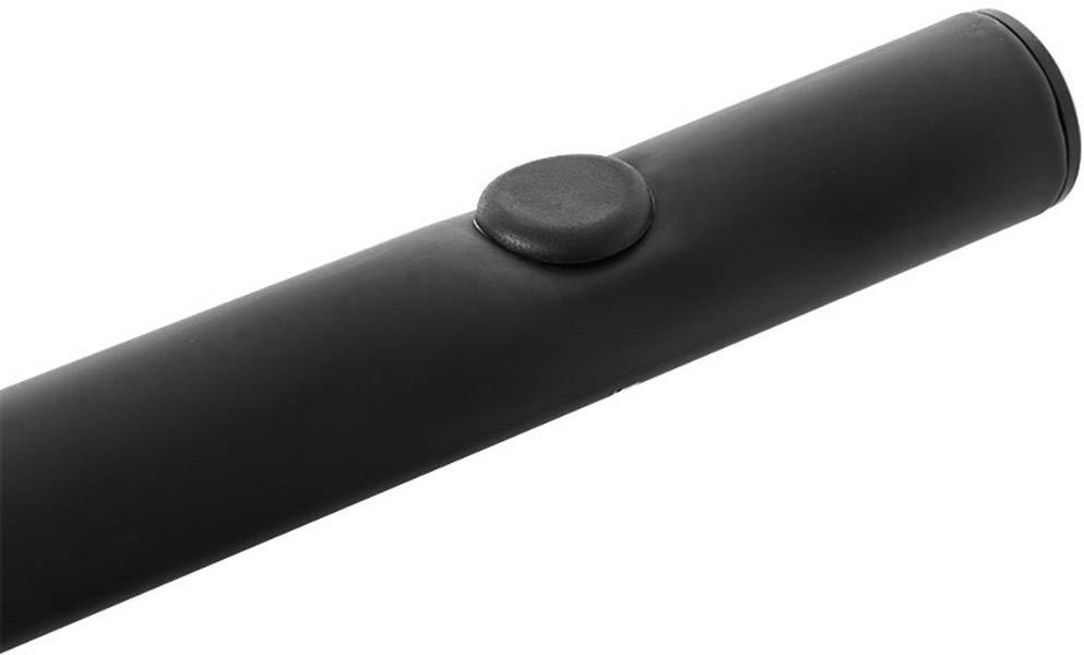 Czarny, podłużny obiekt z okrągłym wybrzuszeniem pośrodku, na białym tle.