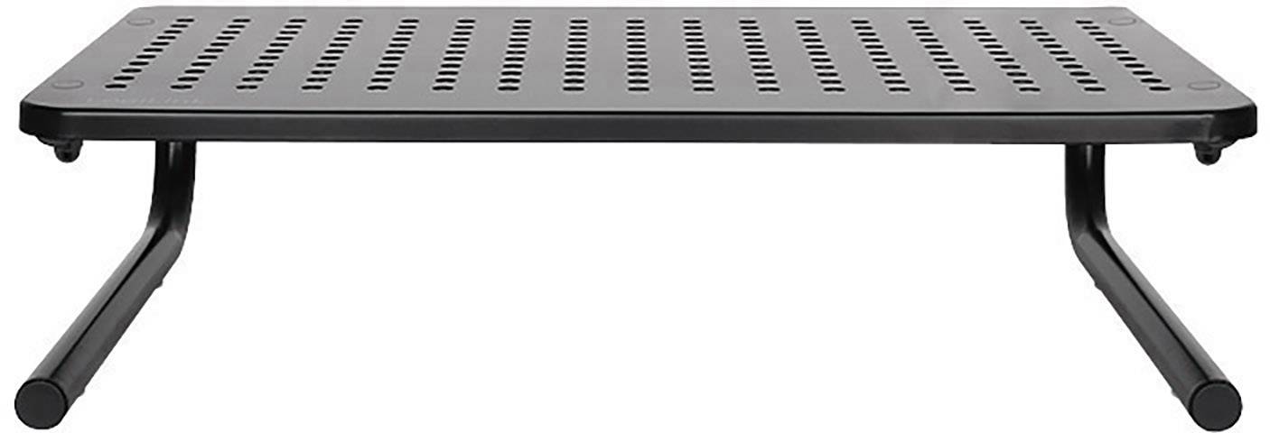 Czarny stojak na monitor wykonany z metalu z perforowaną powierzchnią i dwiema wygiętymi nogami zapewniającymi zwiększoną stabilność.