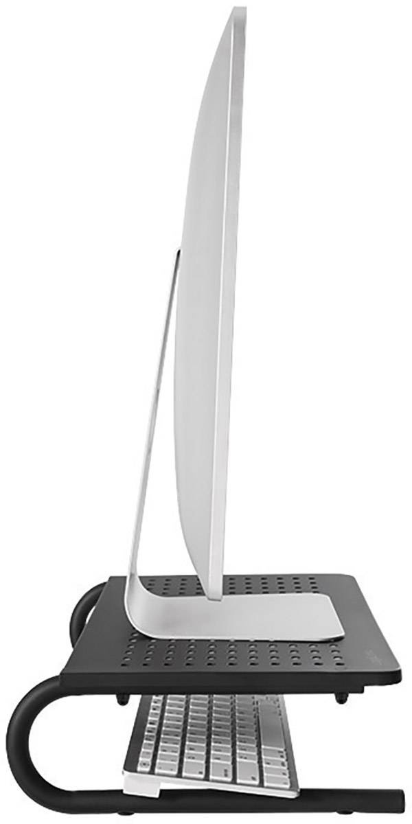 Monitor jest umieszczony na podwyższonej podstawce, pod którą przechowywana jest klawiatura. To ustawienie pozwala zaoszczędzić miejsce na biurku.