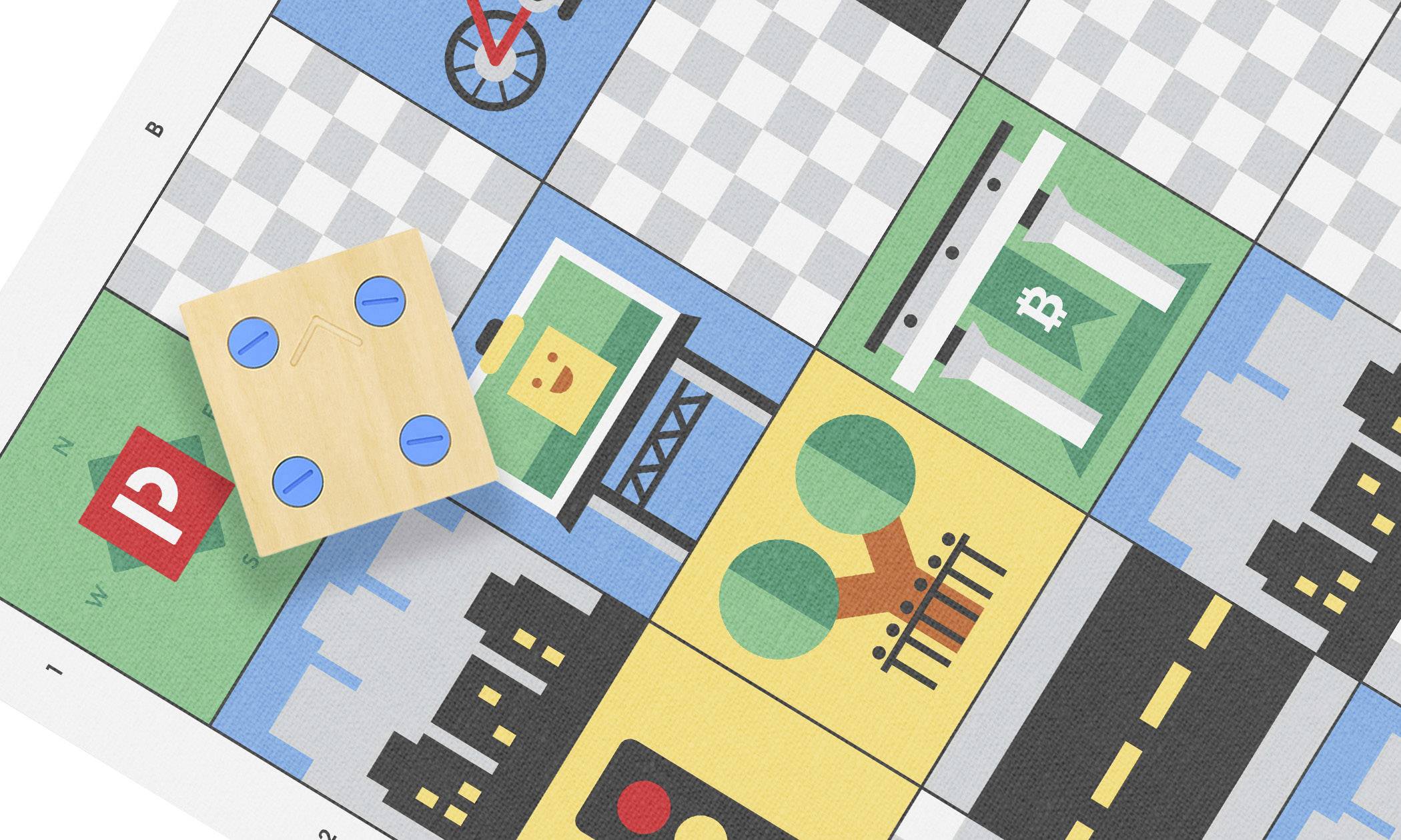 Plansza do gry z motywami miejskimi, znakami drogowymi i symbolami, na której umieszczona jest kostka do gry z niebieskimi punktami.