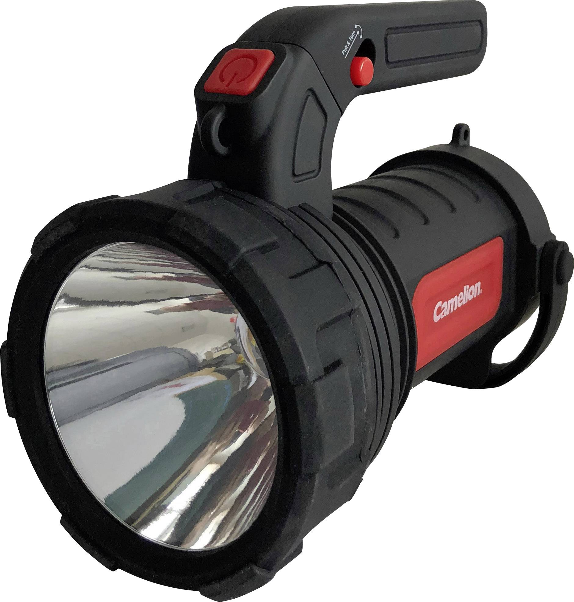 Przenośna latarka z czarną obudową, dużym reflektorem i czerwonym panelem sterowania. Idealna na wyprawy plenerowe lub w sytuacjach awaryjnych.