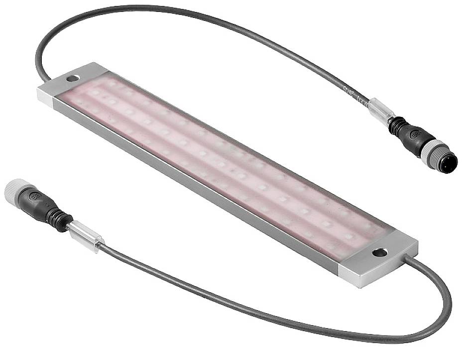 Prostokątna lampa LED z dwoma przewodami przyłączeniowymi, przeznaczona do oświetlania części maszyn lub powierzchni roboczych w środowiskach przemysłowych.