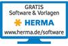 Komputerowa grafika z tekstem 'DARMOWE Oprogramowanie i Szablony' oraz 'HERMA' w kolorze niebieskim, strona internetowa 'www.herma.pl/oprogramowanie' znajduje się na dole.