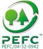 Logo z zielonym kołem, symbolem drzewa i choinki; tekst poniżej: 'PEFC PEFC/04-32-0942'. Oznacza zrównoważoną gospodarkę leśną.