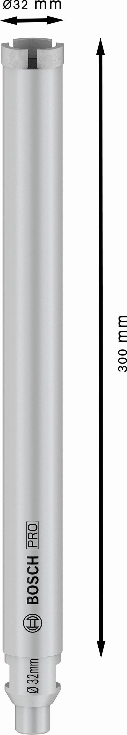 Cylindryczny metalowy nasadek z napisem 'Bosch Professional' o wymiarach: długość 300 mm, średnica 32 mm.