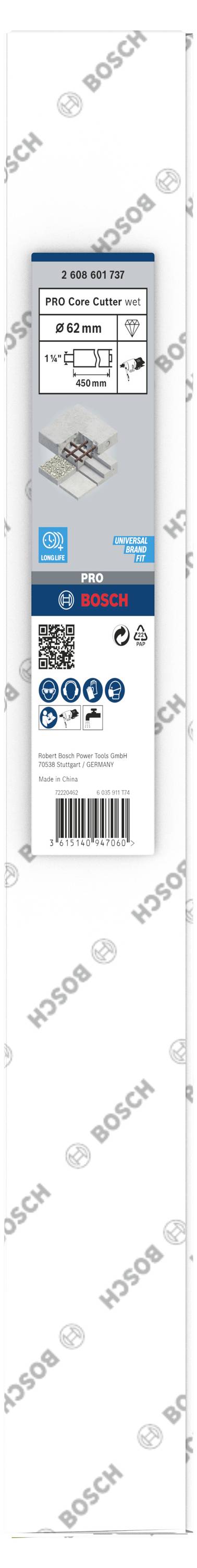 Opakowanie ostrza piły firmy Bosch. Zawiera szczegóły dotyczące rodzaju produktu, obszarów zastosowania i kompatybilności z narzędziami. Zawiera kod kreskowy.