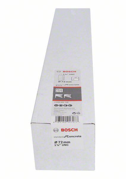 Białe opakowanie produktu firmy Bosch dla wiertła do betonu o średnicy 72 mm, z gwintem 1 1/4'' UNC. Zawiera symbole techniczne.