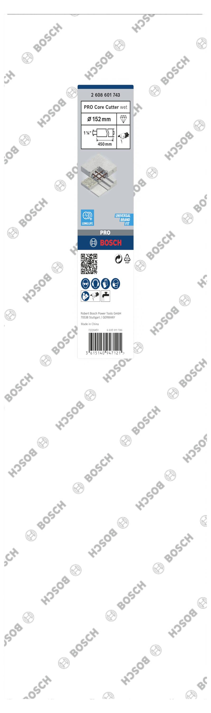 Opakowanie diamentowej korony wiertniczej Bosch do płytek. Odpowiednia do twardych materiałów takich jak ceramika. Zawiera informacje o produkcie i kod QR.