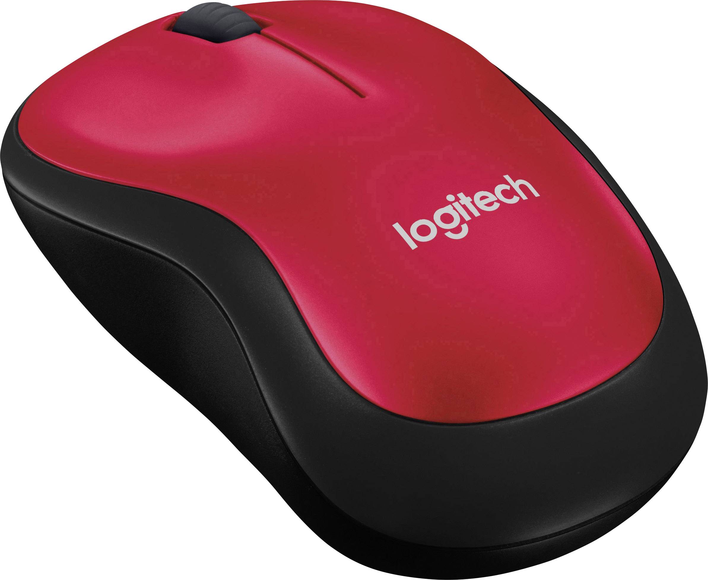 Czerwona mysz komputerowa z czarną obwódką i logo 'Logitech' na obudowie.