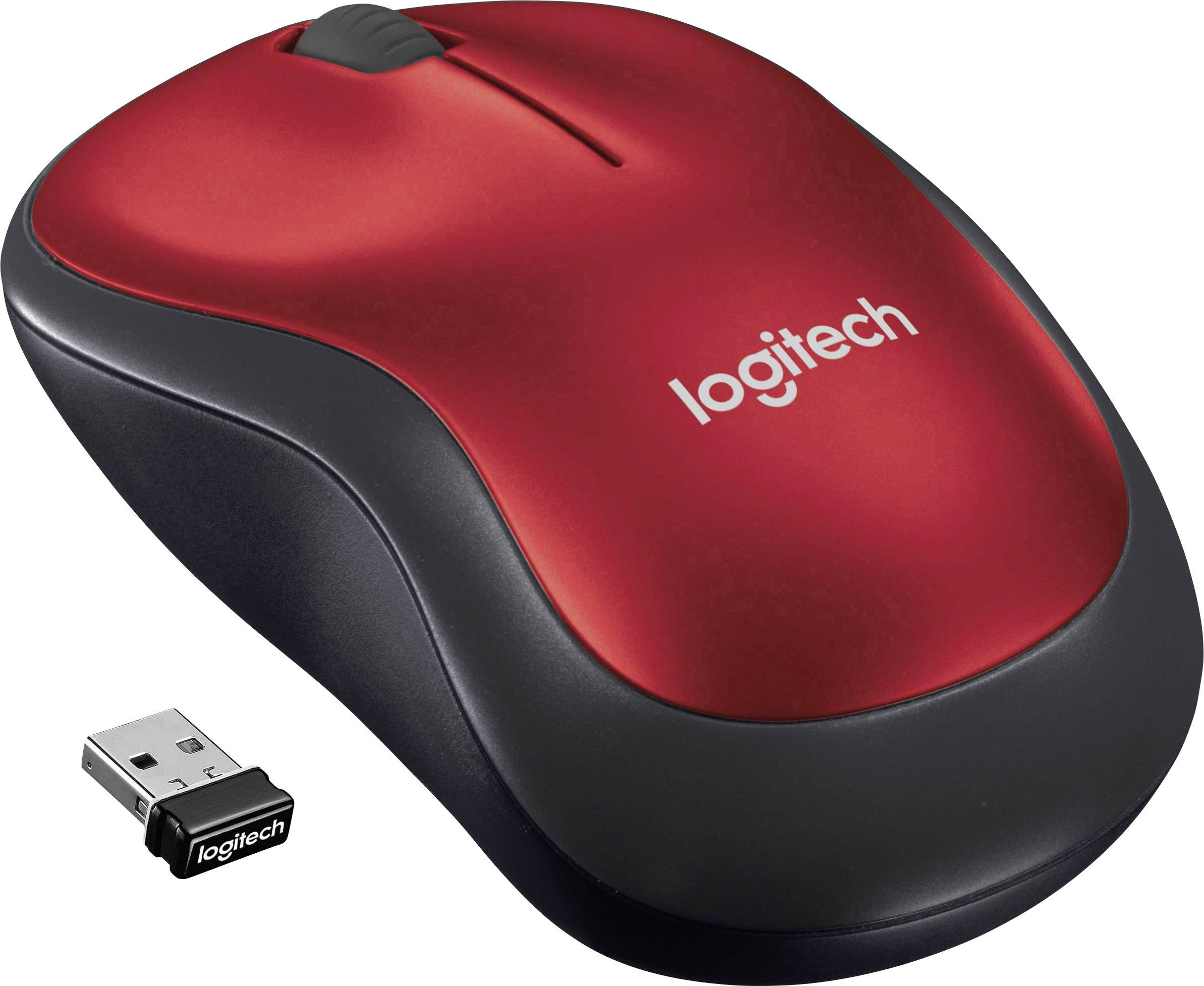 Czerwona bezprzewodowa mysz komputerowa Logitech obok małego odbiornika USB.
