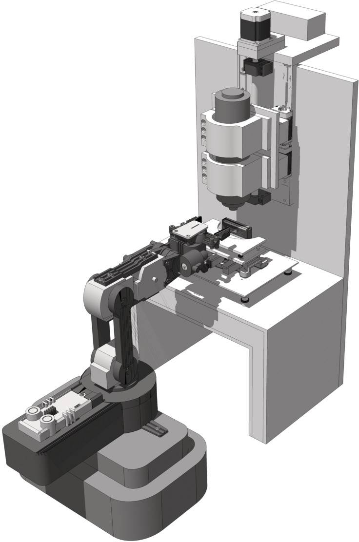 Ramię robota symuluje proces produkcyjny przy maszynie CNC, prezentując technikę automatyzacji w środowisku warsztatu.