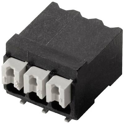 Czarny, prostokątny złącz z trzema szarymi gniazdami, przeznaczony do połączeń elektrycznych. Po jednej stronie widoczne są metalowe styki.