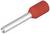 Czerwona końcówka kabla z izolowanym kołnierzem i metalowym przewodem wewnętrznym.