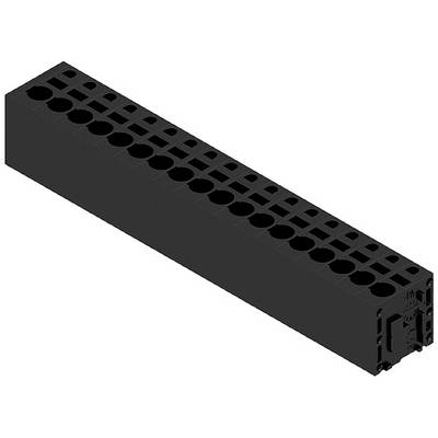 Czarny blok z tworzywa sztucznego z podłużnymi szczelinami i okrągłymi wgłębieniami, prawdopodobnie element elektrotechniczny.