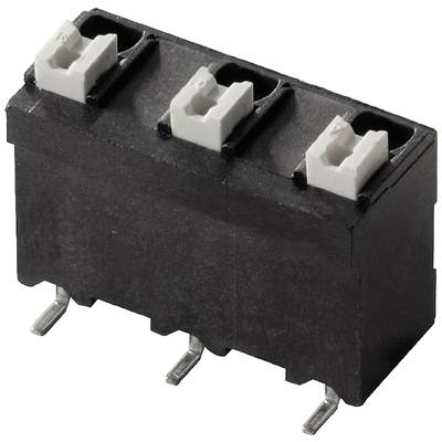 Czarny, prostokątny, trzybiegunowy elektryczny element złączowy z trzema srebrnymi wprowadzeniami metalowymi.